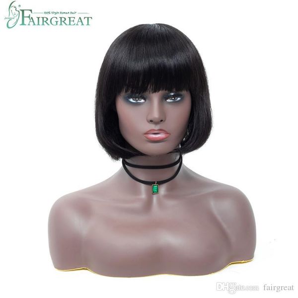 

fairgreat hair wigs 150% density short straight human hair bob wigs pre plucked bleached knots brazilian non remy hair 10 inch wig, Black;brown