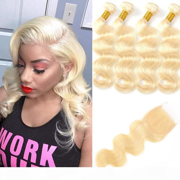 

малазийские необработанные расширения человеческих волос 8-30 дюймов связка с 4x4 lace closure 613 blonde body wave связка с закрытием, Black;brown