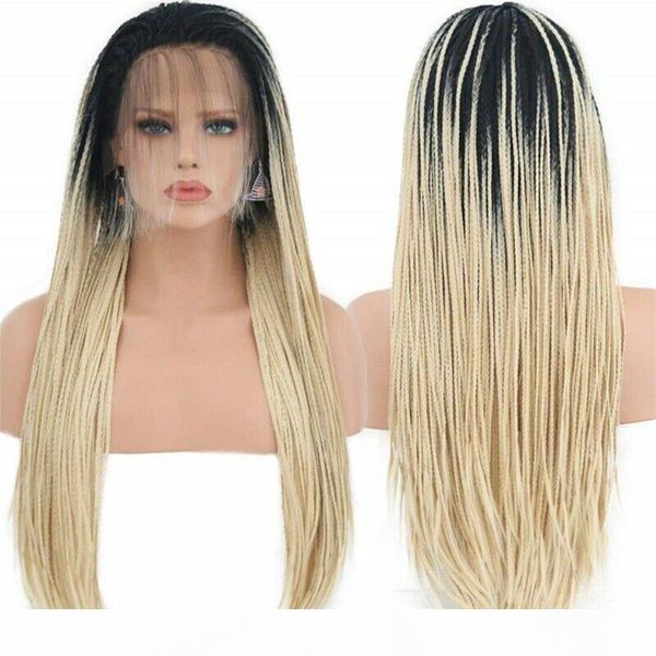 

3x box braided ombre blonde wig cosplay synthetic lace front wig part hand tied heat resistant fiber hair wig party for women, Black