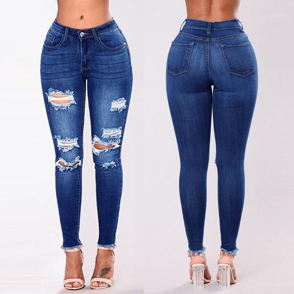 

fashion jeans woman mom ripped jeans denim hole female mid waist stretch skinny slim pencil pants mujer s101, Blue