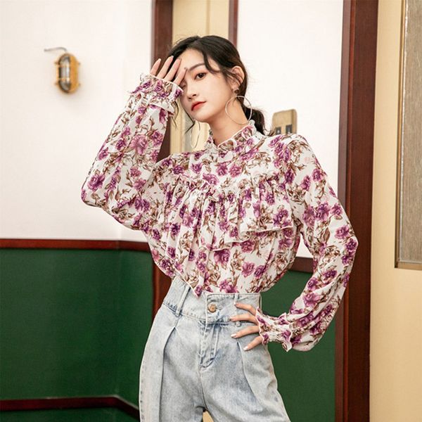 

zawfl new 2020 women vintage stand collar floral print casual kimono blouse women pleats lantern sleeve chic shirt chemise c1015, White