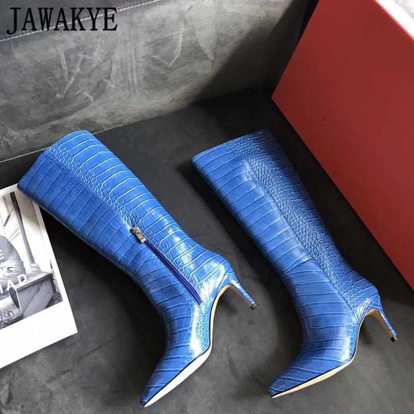 

crocodile skin knee high boots women designer fashion pointy toe stiletto high heel long boots runway knight woman, Black