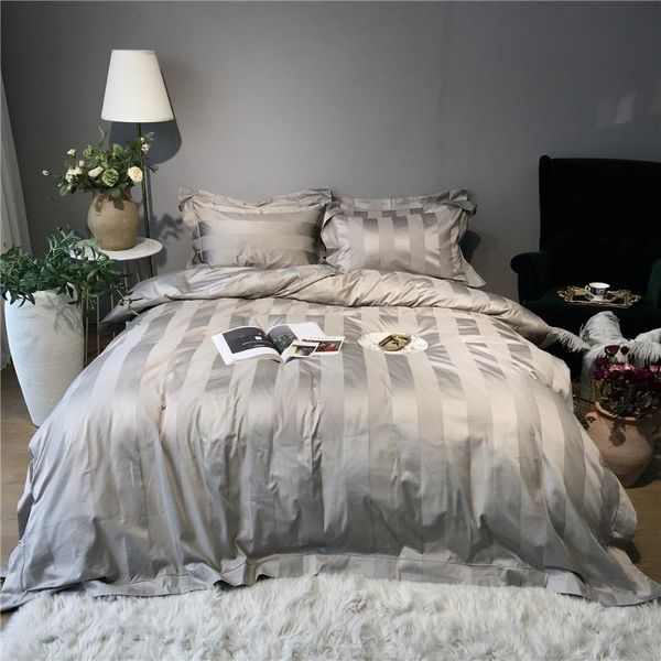 

luxury modern bedroom set 10cm satin stripe duvet covers 100% cotton super quality percale tribute silk bedding set grey man
