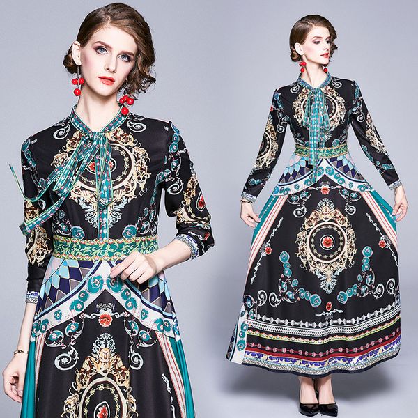 

2021 new women vintage flower peacock print long sleeve bow neck female high waist party elegant ladies maxi es zc4u, Black;gray