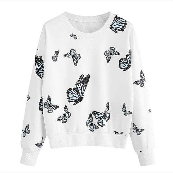 

fashion women casual simple swatshirt butterfly printing long sleeve comfortable solid color soft chic blouse top, Black