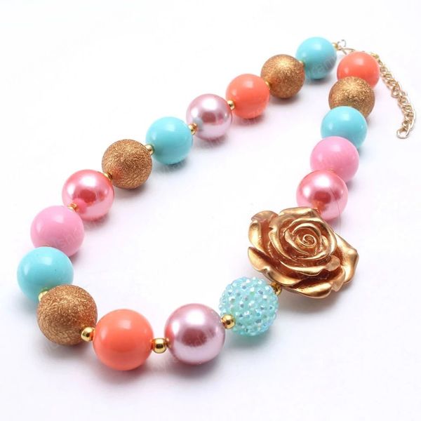 

gold flower kids child beads chunky necklace fashion girls chunky bubblegum necklace jewelry for party gifts, Red;brown