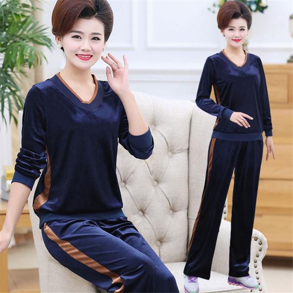 

women's tracksuits fashion 2 piece set women tracksuit 2021 autumn velvet loose striped hoodies + wide leg pants female sporting wear, Gray