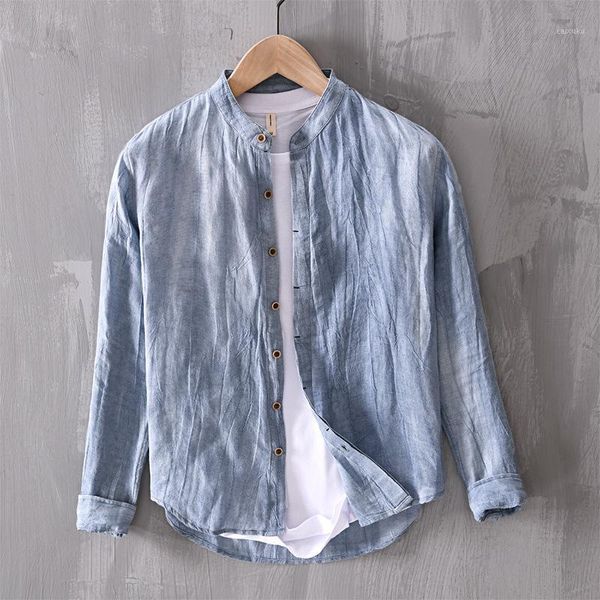 

2020 spring new style flax men's long-sleeved shirt youth comfortable wrinkled face stand collar shirt1, White;black