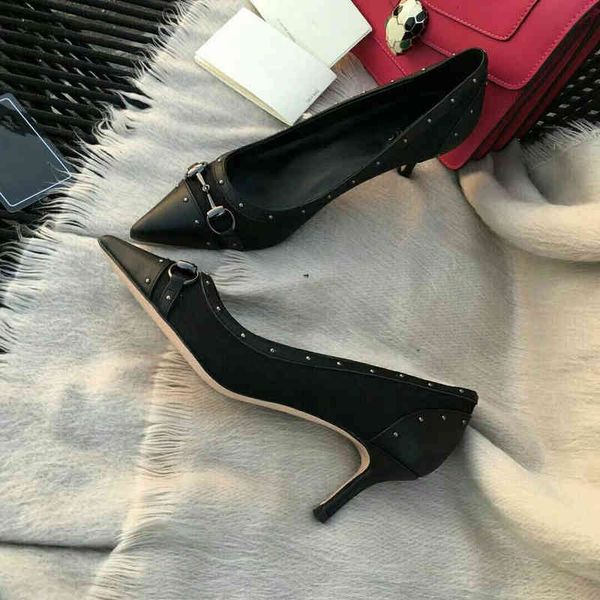 

high-quality designer party dress shoes bride ladies fashion pointed rivet high heels, Black