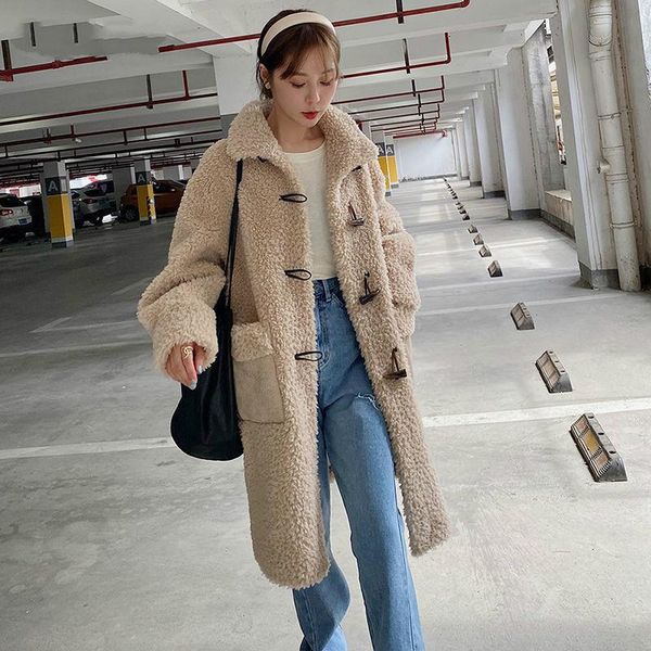 

2021 new autumn winter women real wool fur coat female causal fashion elegant korean style solid sheep shearing long jacket w24, Black