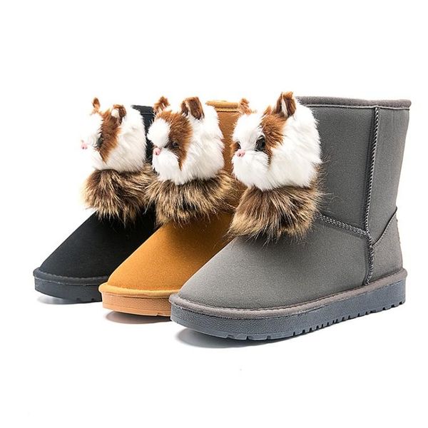 

fashion panda slip on warm women snow boots round toe suede ankle boots for women shoes winter rubber flat female botas, Black