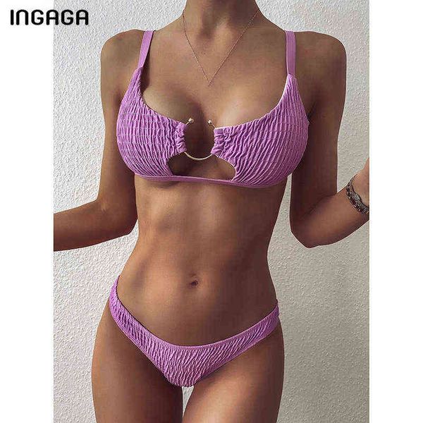 

swimsuit ingaga push up bikini smocked swimsuit cut out women's swimwear purple biquini ring linked bathing suit summer beachwear, White;black