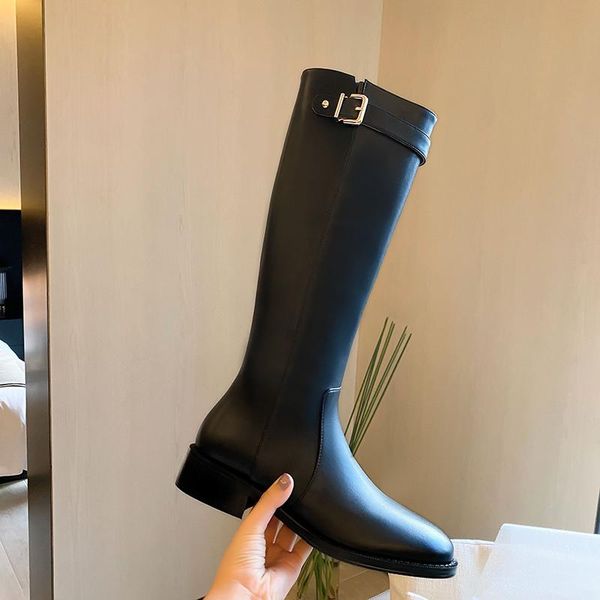 

genuine leather female knee high boots metal buckle platform low square heels boots working shoes woman, Black