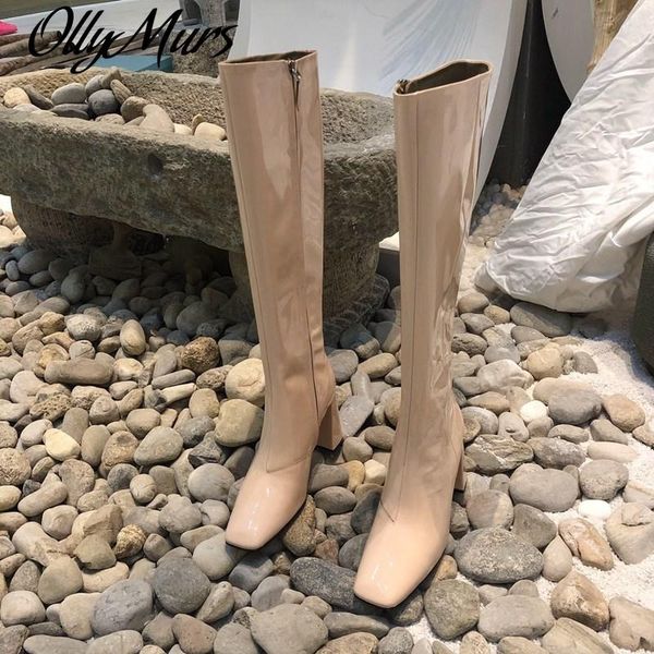 

knee-high woman boots patent leather solid color square toe ladies shoes high heel luxury designer 2020 new zapatos de mujer, Black