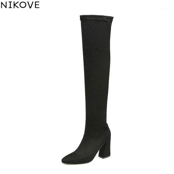 

boots nikove 2021 pointed toe women stretch fabric over the knee short plush ladies winter size 34-431, Black