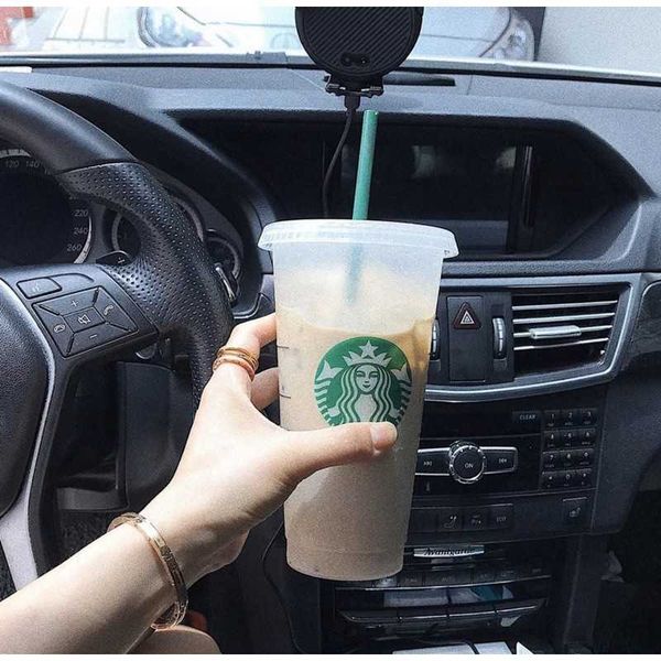 

ready stockstarbucks reusable cold cups plastic black transparent tumbler with lid straw black cup