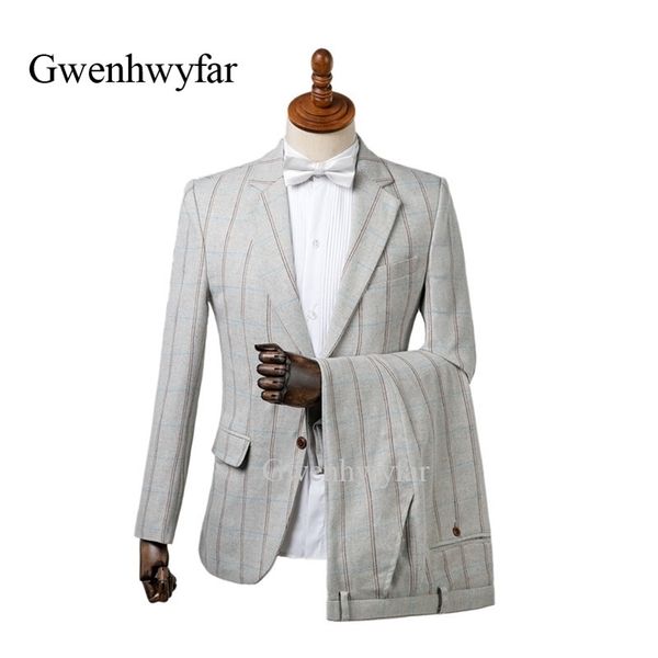 Gwenhwyfar inverno novo quente macho ternos xadrez heringbone homens homens festa forma formal tuxedos blazer calças casamento noivo trajes 201106