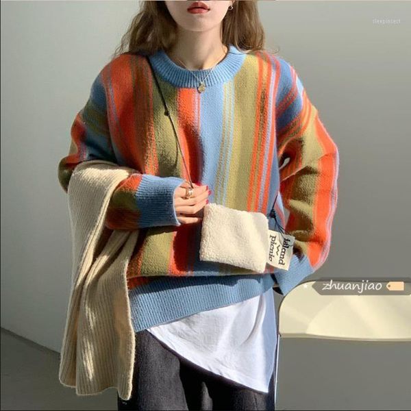 

autumn winter clothes women 2020 harajuku korean fashion personality vintage sweaters rainbow stripes lazy knitted sweater women1, White;black