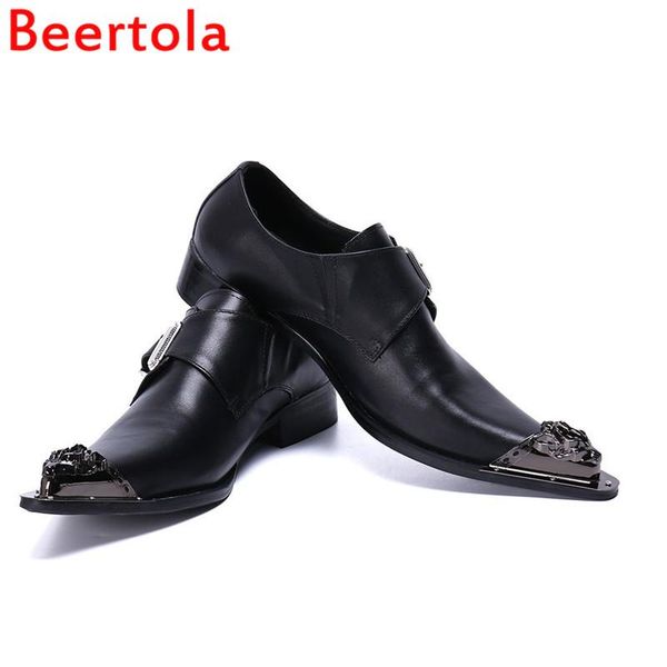 

new men's dress shoes metal decoration real leather buckle flats men feeling pointed toe wedding shoes men big size black