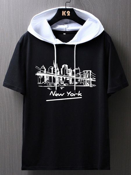 

romwe guys letter graphic hooded tee u1db#, White;black