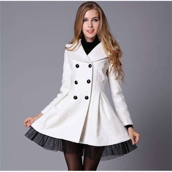 

wind women's windbreaker twill splicing gauze net skirt double row button woolen coat, Black