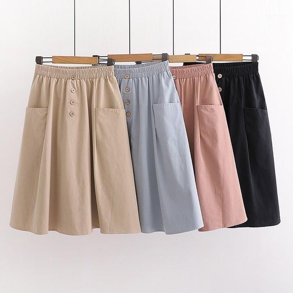 

women's skirt casual high waist college style solid color wild with pockets slim mid-length a-line skirt1, Black