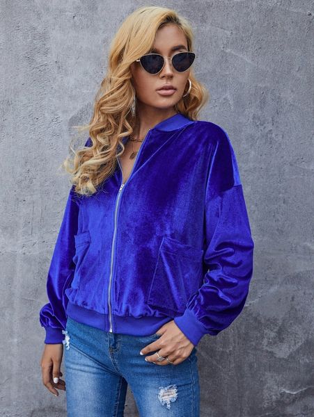 

double pocket drop shoulder velvet bomber jacket e6ip#, Black;brown