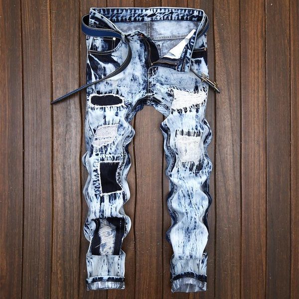 

skinny jeans men elastic denim biker jeans ripped patch snow color punk nice, Blue
