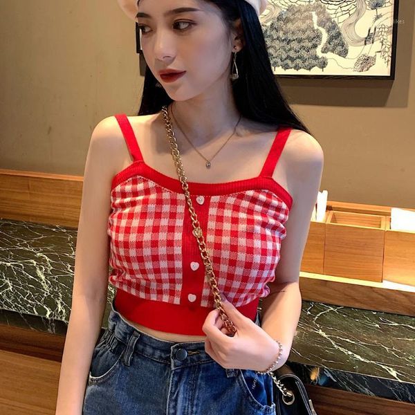 

women's tanks & camis chamsgen plaid vest fashion knitted women crop sleeveless button vacation casual ladies camisole short tank t, White