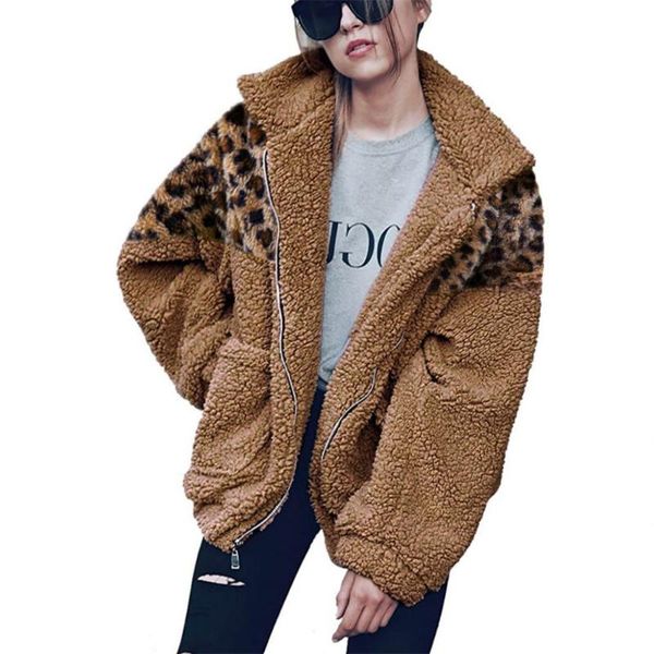

women's knits & tees women sherpa sweater luxury leopard faux fur jacket winter warm zipper cardigan big pocket fluffy teddy sweaters, White