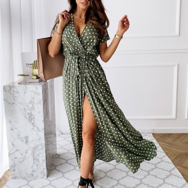 

wctst summer 2020 dot short v-neck bohemian polka summer print dress dot 2020 sleeve long skirt sleeve v-neck bohemian polka short print dre, Black;gray