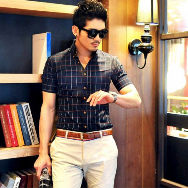 

version 2020 korean of the male short-sleeve trend thin plaid high-necked british casual shirt wild size s-xxxl ejuk, White;black