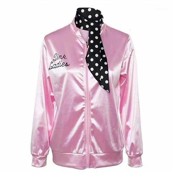 

yfashion women jacket fashion letters printing baseball uniform pink ladies satin jacket women coat with polka dot scarf1, Black;brown