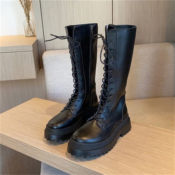 

mid-calf 2021 new fashion leather women's boots fall ladies lace-up shoes high heels black woman wqjs