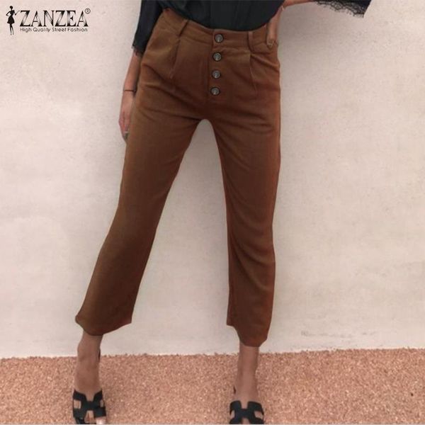 

plus size office lady work pants zanzea 2020 fashion women buttons high waist long trousers solid pantalones femme streetwear1, Black;white