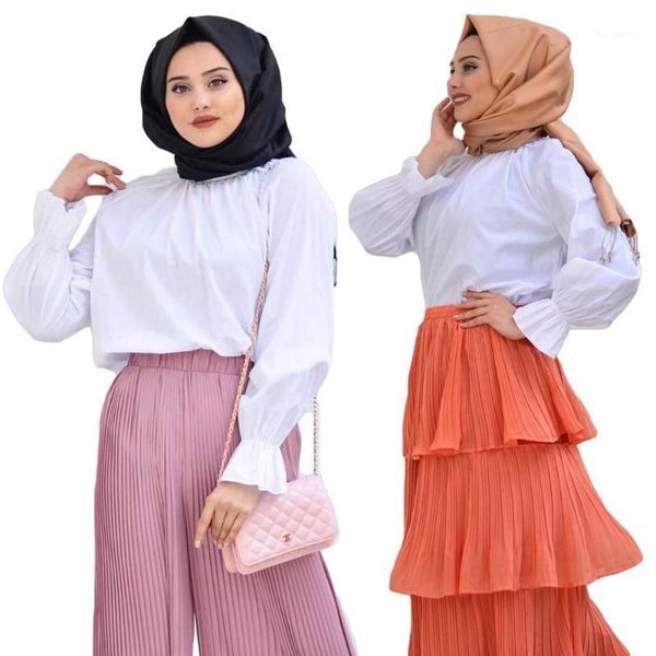 

muslim women's casual blouse autumn long sleeve elegant style shirt 2021 fashion islamic dubai arab white plus size1, Red