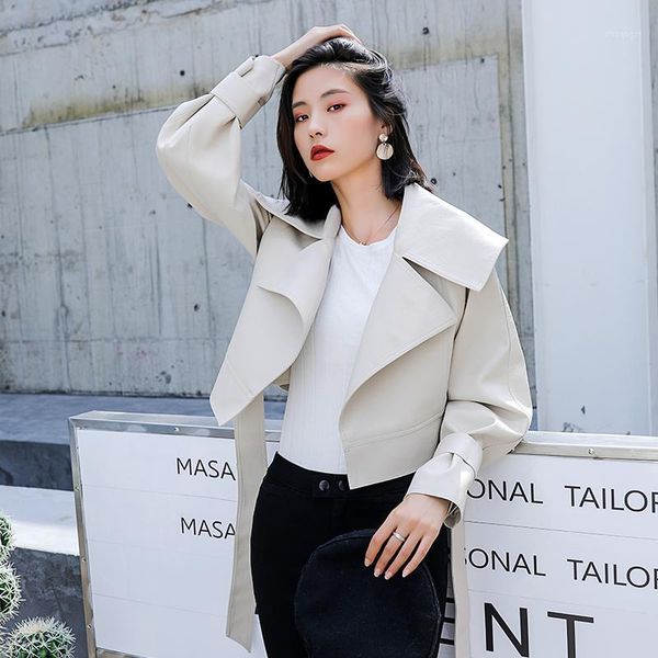 

spring faux leather jacket women 2020 new casual turn-down collar belt motor biker black autumn leather coat ladies1