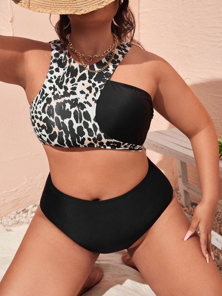 

plus leopard asymmetrical bikini swimsuit v2uf#, Black