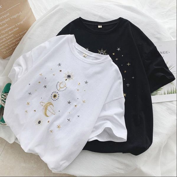 

fashion star moon print tee shirt femme korean kawaii t shirt women funny short sleeve t shirts harajuku loose black ulzzang top, White