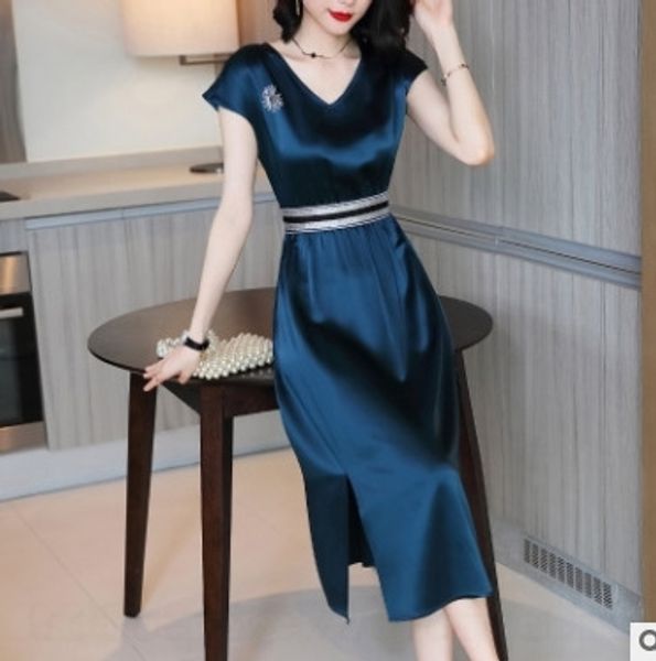 

9ln8w mid-length satin v-neck short-sleeved 2020 long skirt long skirt women's summer dress new elegant slim over-knee acetate dress dx, Black;gray