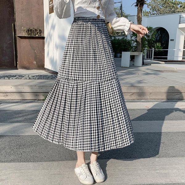 

2020 spring summer plaid pleated skirt elastic high waist midi long a-line skirt womans harajuku preppy style vintage1, Black