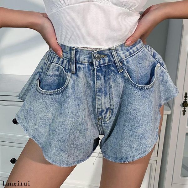 

summer denim jean shorts asymmetrical high waist shorts pockets button wide leg women casual streetwear solid, White;black