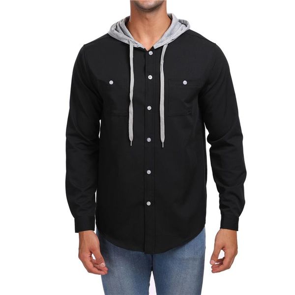 

men's brand hooded casual shirt spring/summer men with a hat collar slim fit shirt long sleeve men in solid color, White;black