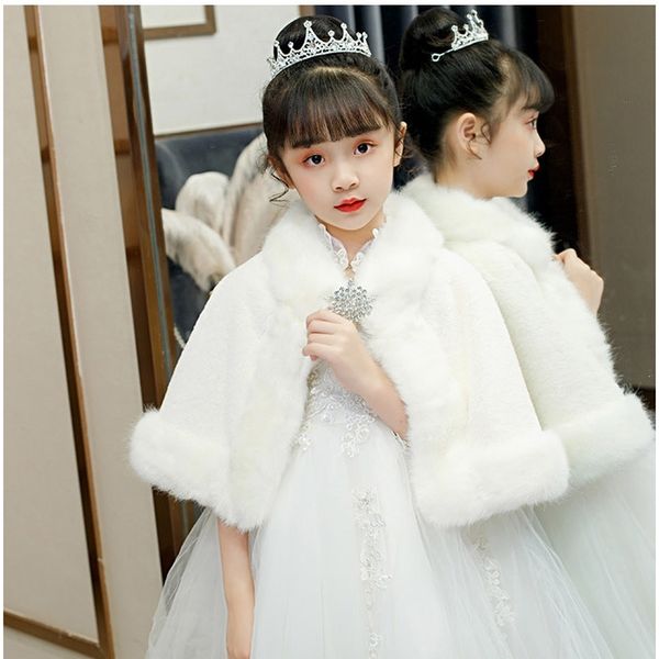 

kids girls winter wedding faux fur bolero shrug shoulder wrap fluffy plush white prom party cape princess white coat with brooch 201106, Blue;gray