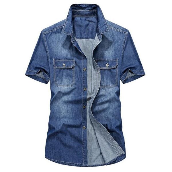 

2021 men's fashion summer short sleeves cotton casual turn down collar men denim shirts fe1y, White