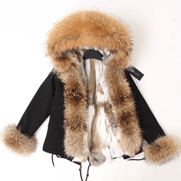 

women s fur faux maomaokong women short parka winter long jacket parkas real coat natural hood rabbit liner outerwear 220926, Black