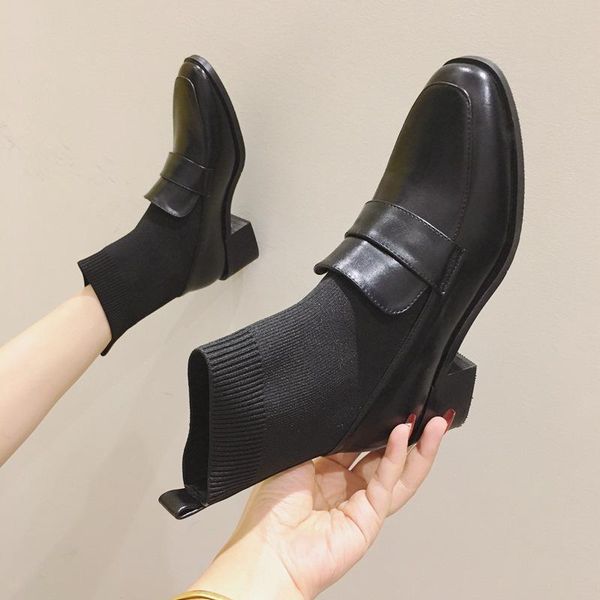 

women's thick heel 2021 autumn and winter new fashion square toe socks boots boots explosive mid-heel ankle, Black