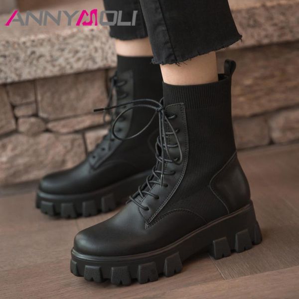 

annymoli motorcycle boots women shoes real leather platform mid heel ankle boots lace up block heels lady short autumn 43, Black