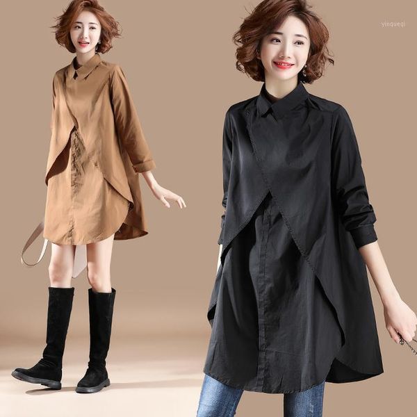 

plus size 2020 new autumn women shirts full sleeve loose long hong flavor blouse shirt khaki black 98511, White