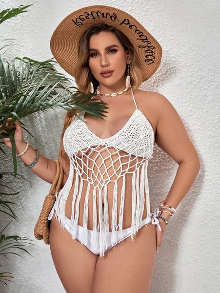 

plus fringe hem crochet cover up s6kh#, Black